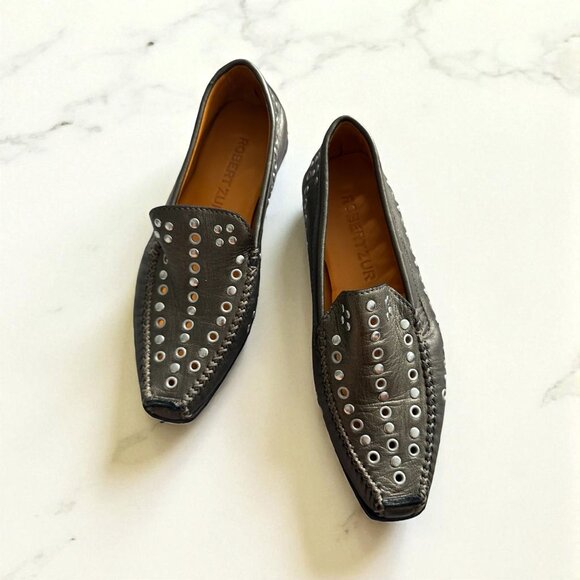 ROBERT ZUR Pewter Silver Metallic Leather Studded Flats Loafers Size 5.5 - Picture 1 of 11